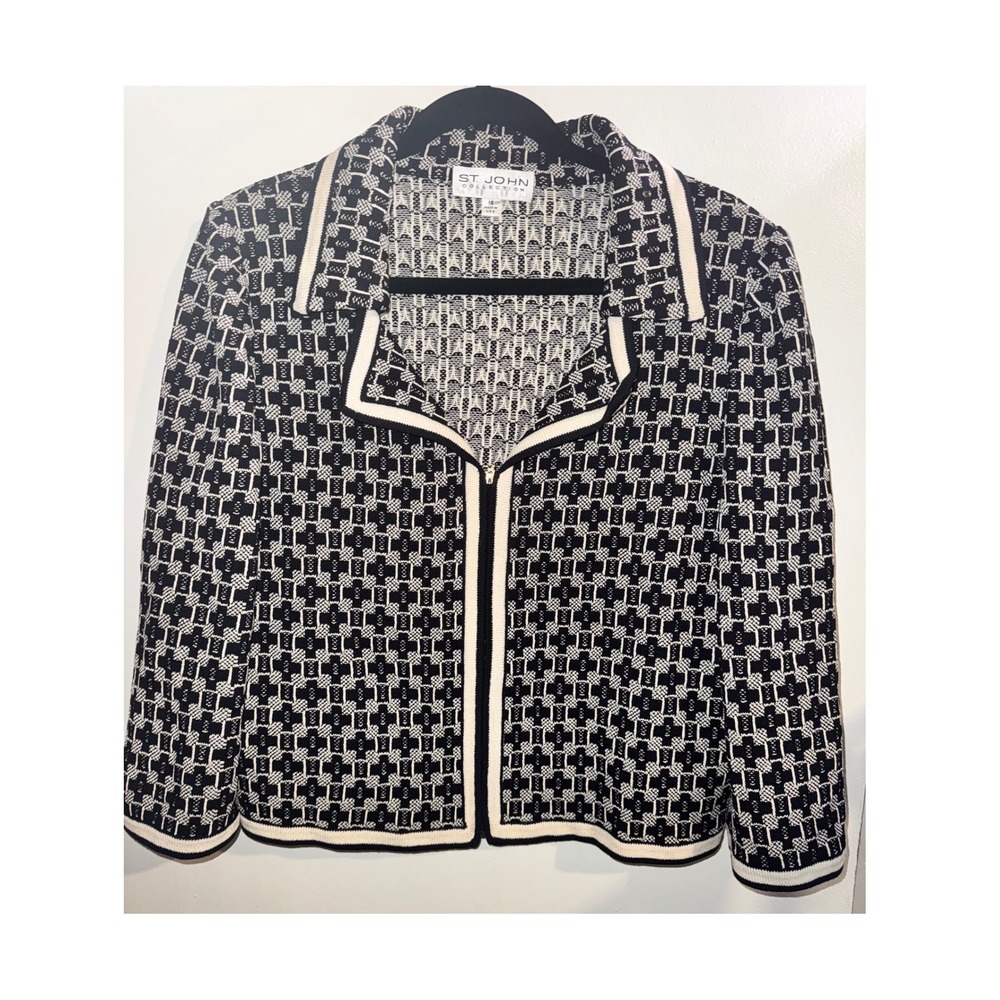 St John Collection Black White Geometric Knit Zip Front Jacket Size 14 Blazer